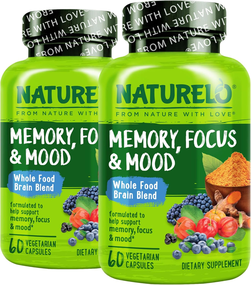 NATURELO Whole Food Brain Supplement - Complemento para la Salud Cerebral con Bacopa, Aronia y Vitaminas B - 60 Cápsulas Vegetarianas (Pack de 2)
