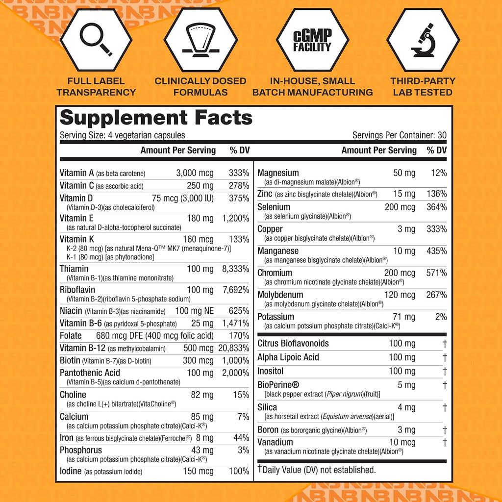 NutraBio MultiSport Men's Multivitamin - 33 Vitamins and Minerals - 120 Capsules