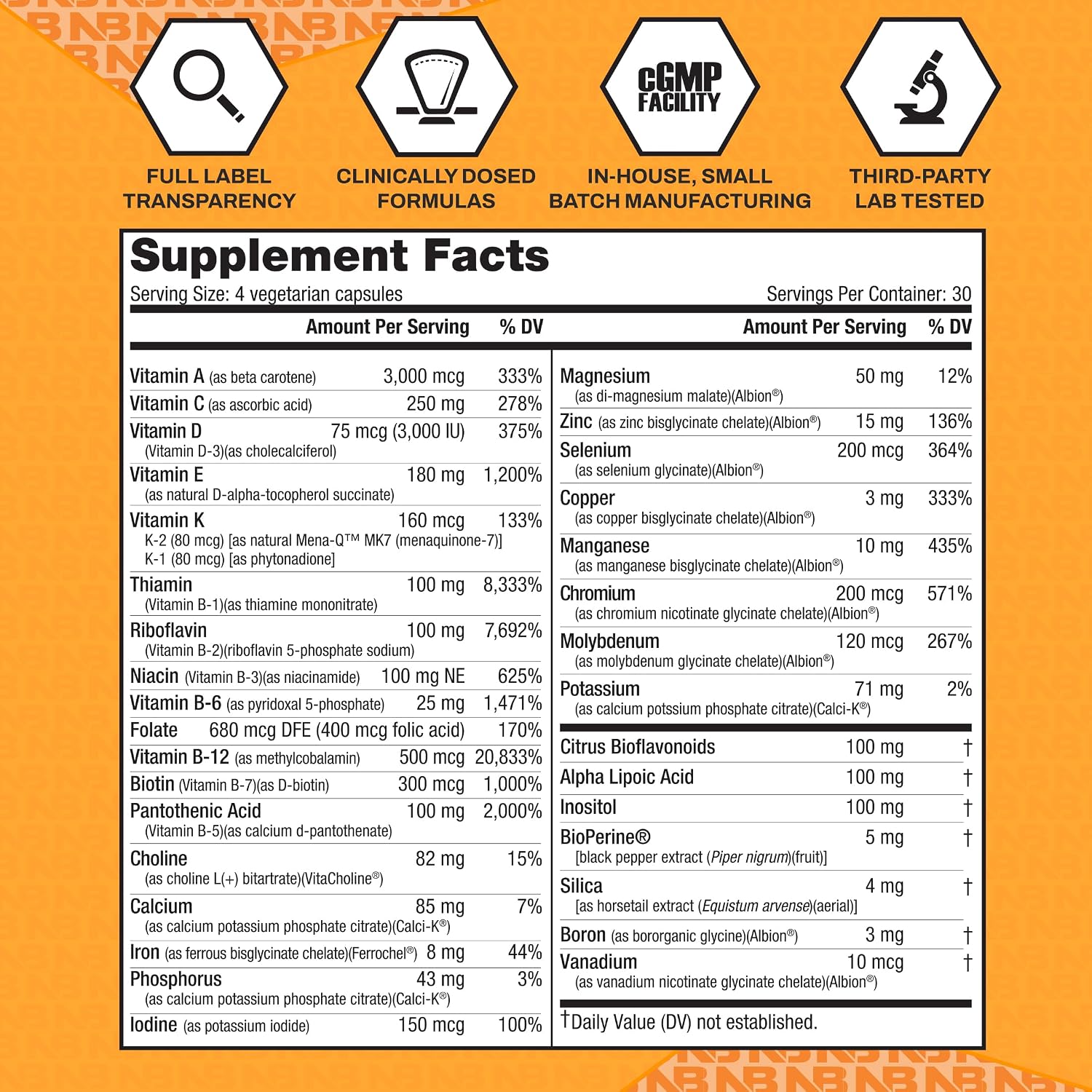 NutraBio MultiSport Men's Multivitamin - 33 Vitamins and Minerals - 120 Capsules
