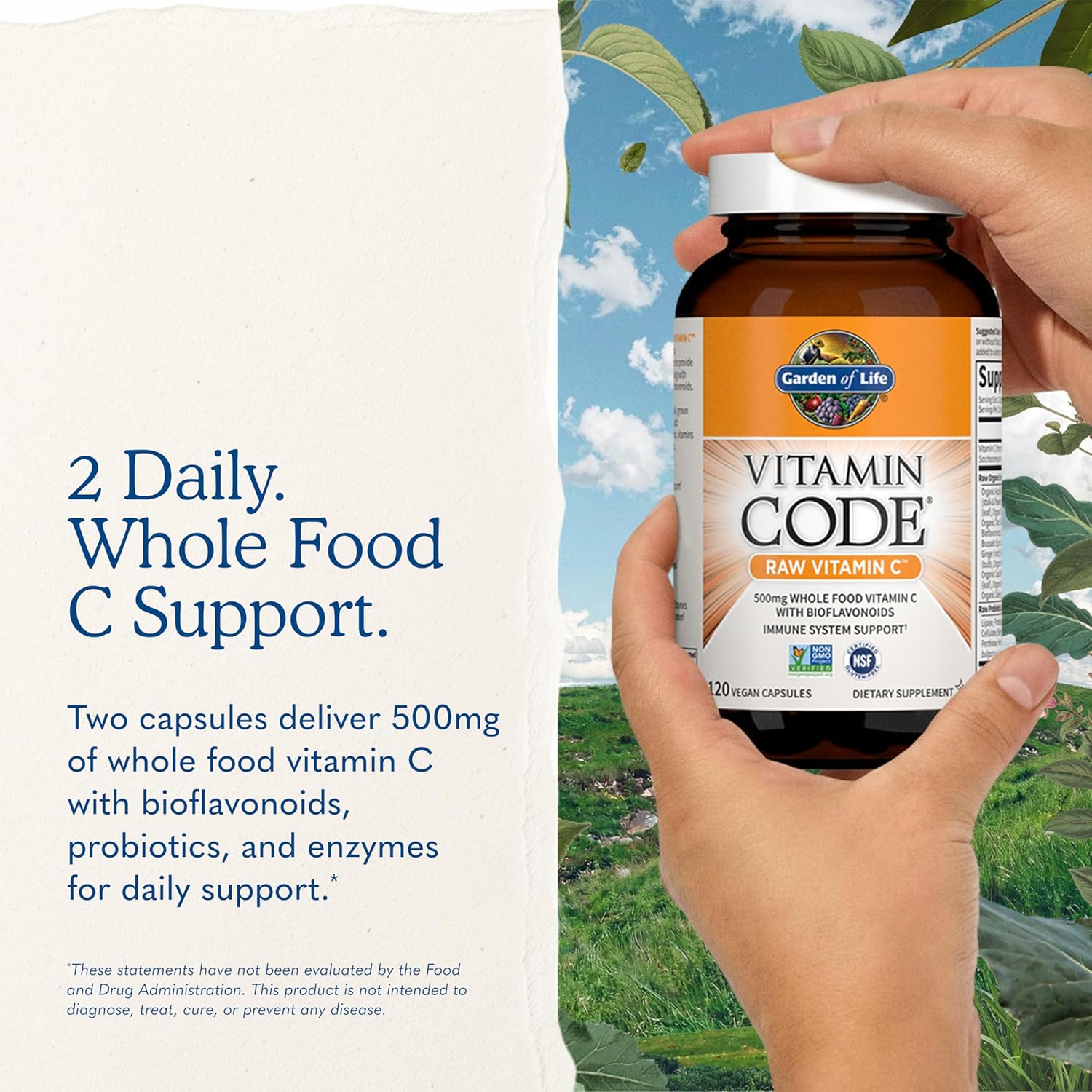 Garden of Life Vitamin Code Raw Vitamin C - 120 Cápsulas, 500mg de Vitamina C de Alimentos Integrales con Mezcla de Frutas y Verduras y Probióticos