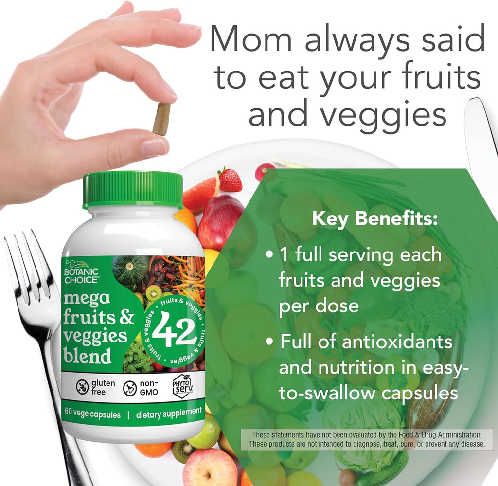 Botanic Choice Mega Fruits & Veggies Blend - 42 Frutas y Verduras - 2 Envases de 60 Cápsulas