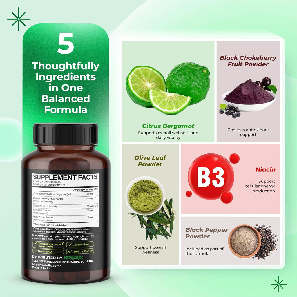 SOTALIX Premium Citrus Bergamot con Niacina, Aronia, Olivo y Pimienta Negra - 150 Cápsulas