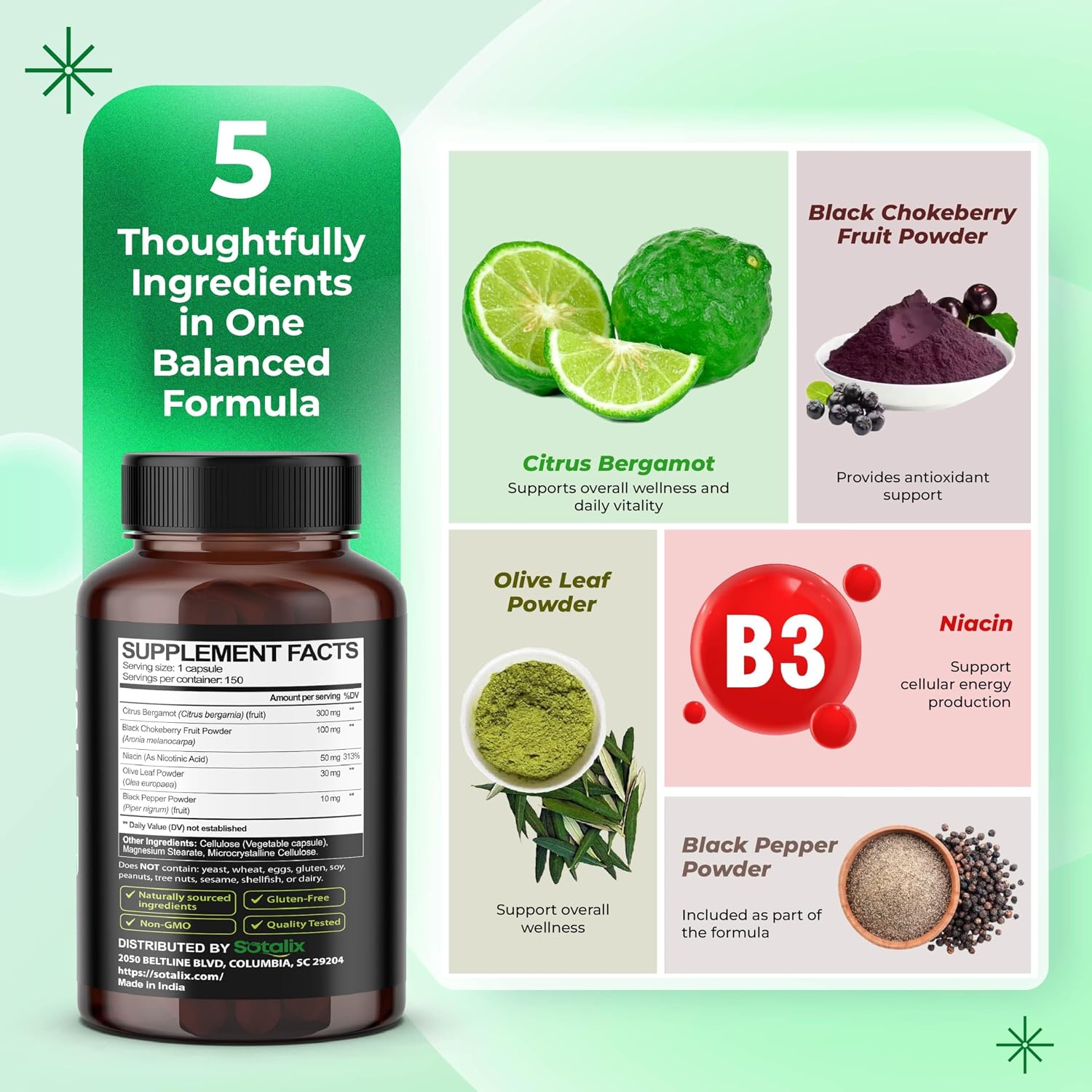 SOTALIX Premium Citrus Bergamot con Niacina, Aronia, Olivo y Pimienta Negra - 150 Cápsulas