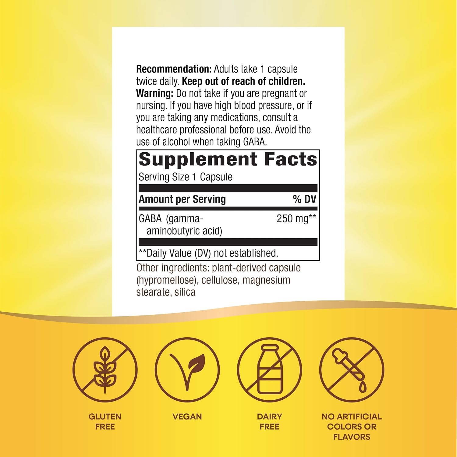 Nature's Way GABA (Ácido Gamma-Aminobutírico) - 250 mg, 60 Cápsulas Veganas