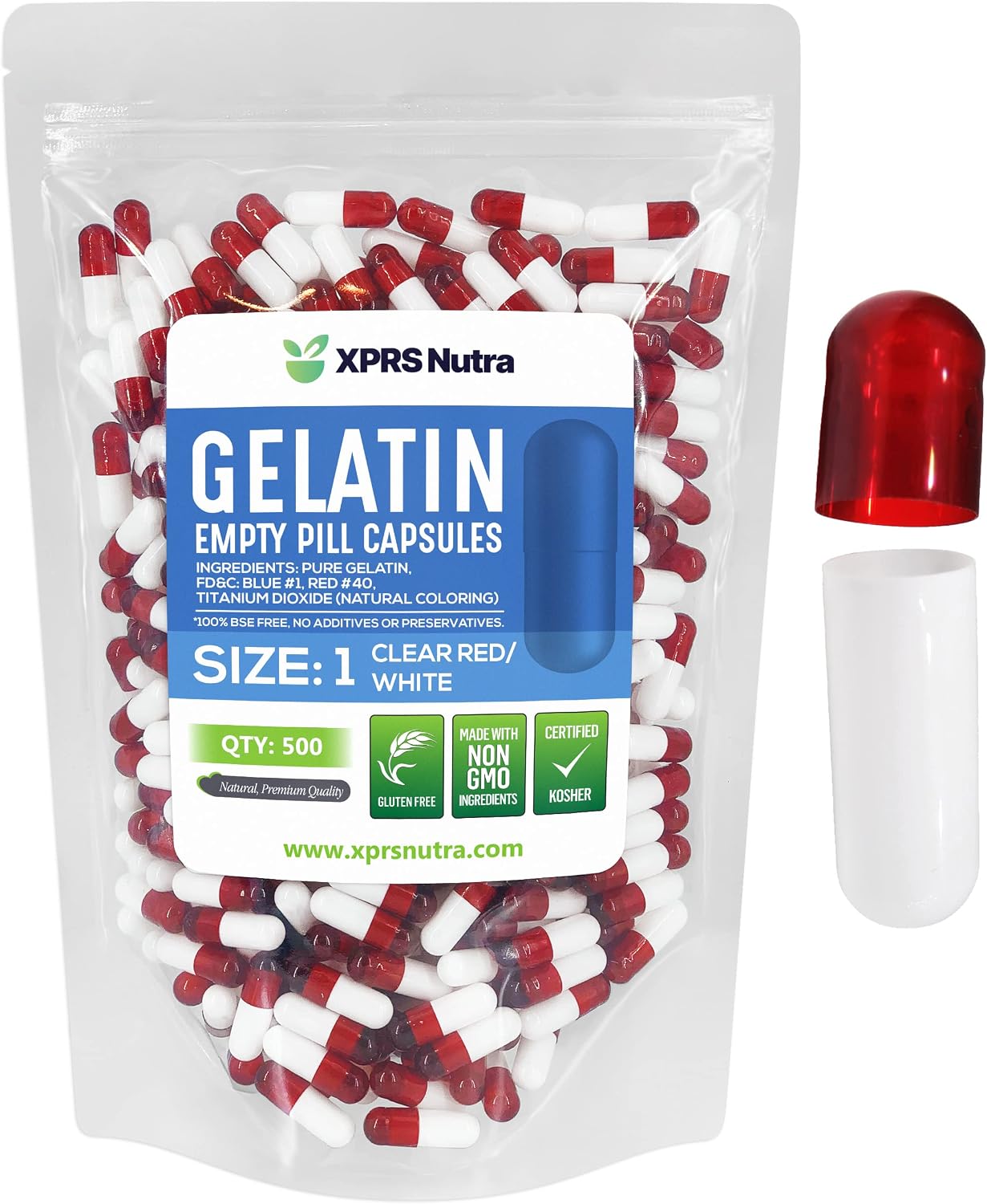 XPRS Nutra Cápsulas Vacías Tamaño 1 - 500 Unidades - Cápsulas de Gelatina Bovina para Rellenar - DIY (Rojo/Blanco Transparente)