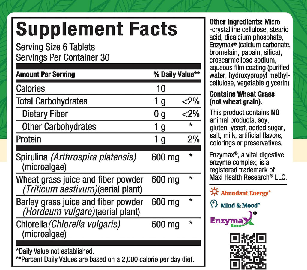Maxi Health Super Greens Cápsulas – 180 Comprimidos con Espirulina, Trigo, Cebada y Chlorella
