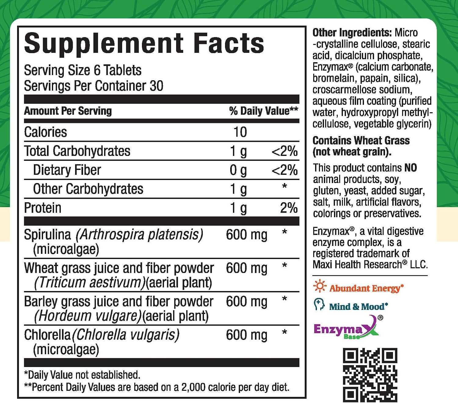 Maxi Health Super Greens Cápsulas – 180 Comprimidos con Espirulina, Trigo, Cebada y Chlorella