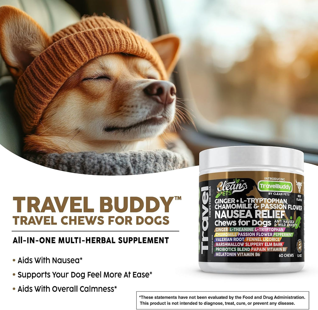 Clean Pets Travel Chews - Masticables calmantes para perros con jengibre y melatonina