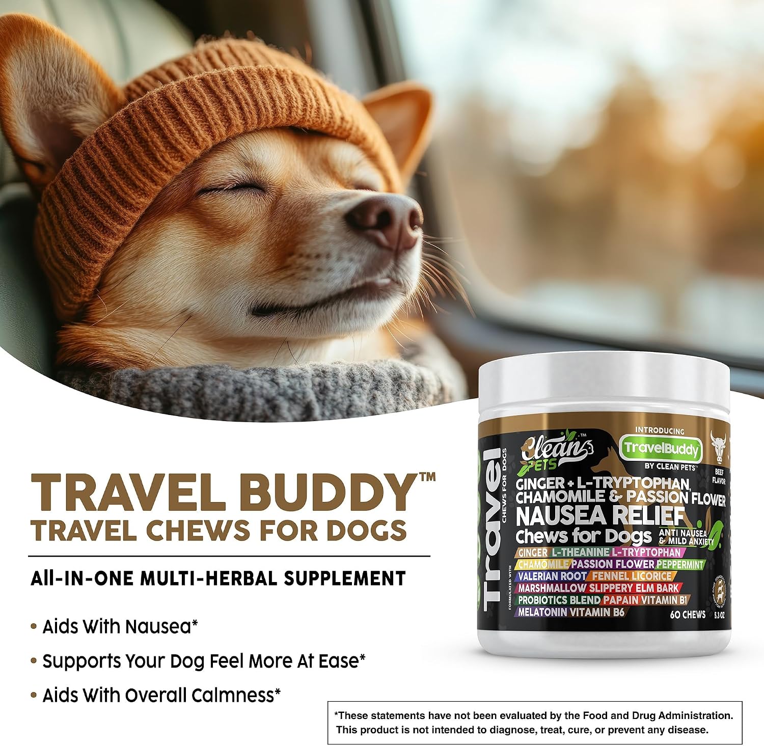 Clean Pets Travel Chews - Masticables calmantes para perros con jengibre y melatonina