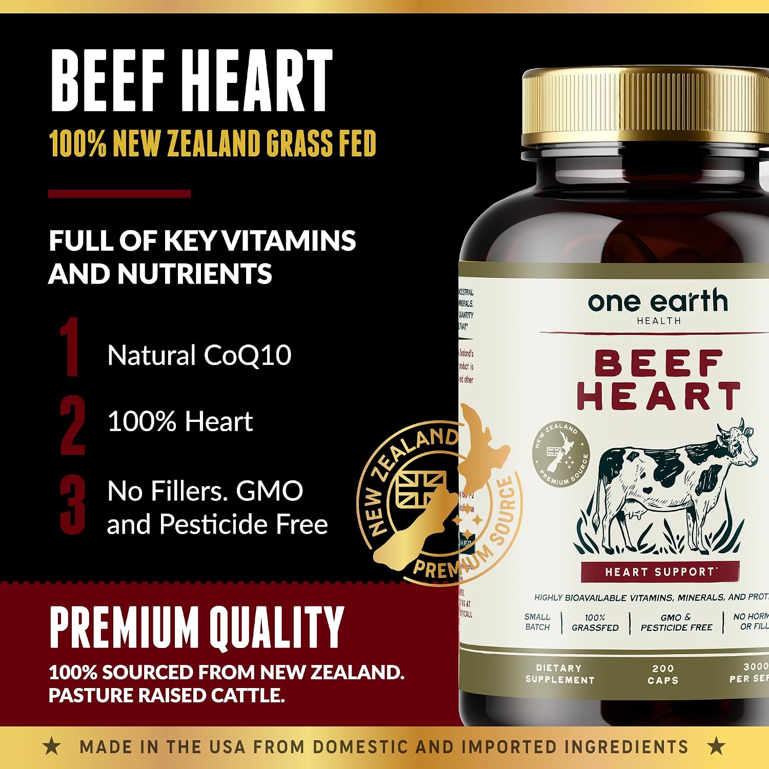 One Earth Health Corazón de Ternera Alimentado con Pasto - Neozelandés - 3000mg por Porción - 200 Unidades