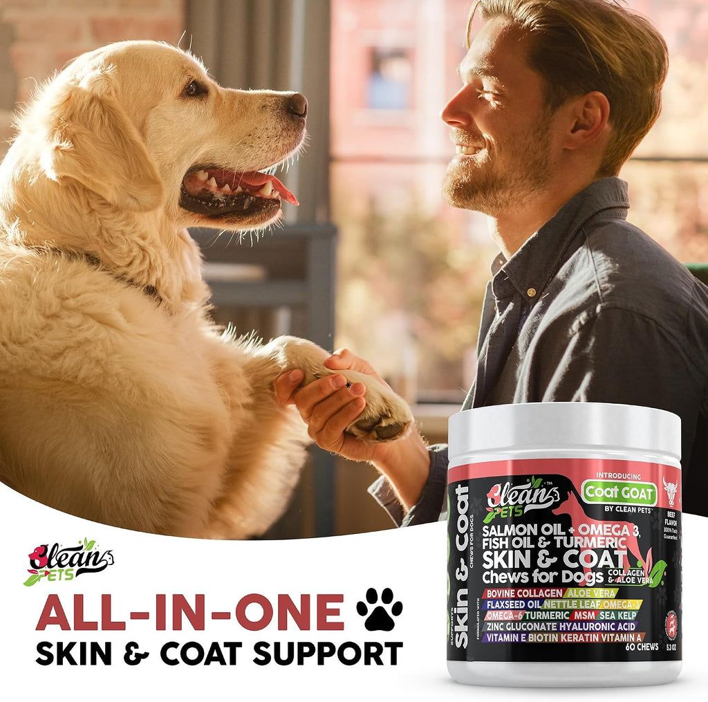 Clean Pets Aceite de Salmón Omega 3 para Perros con Colágeno, Aloe Vera, Biotina y Queratina - Suplemento para Piel y Pelaje