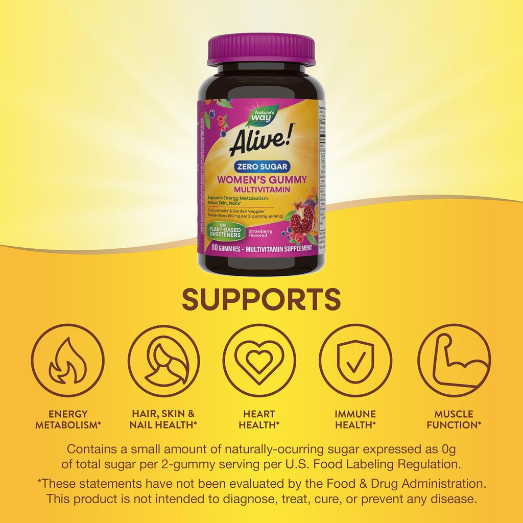 Nature's Way Alive! Zero Sugar Mujeres Multivitamínico Gomitas, Fresa, 80 Gomitas