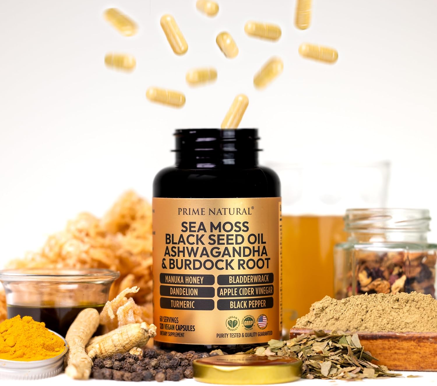 PRIME NATURAL Sea Moss 300mg Aceite de Semilla Negra 200mg Ashwagandha 100mg Cúrcuma Bladderwrack Bardana Miel de Manuka Diente de León Vinagre de Sidra de Manzana - 120 Cápsulas | 60 Días de Suministro | Vegano