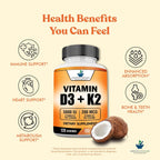 American Standard Supplements Vitamina D3 5000 IU + K2 (MK7) 200 mcg, 120 Cápsulas - Sin Gluten, No GMO, 120 Días