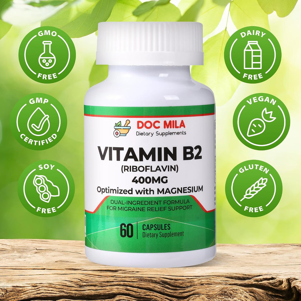 Vitamina B2 Riboflavina 400mg con Magnesio – 60 Cápsulas Veganas para el Alivio de Migrañas