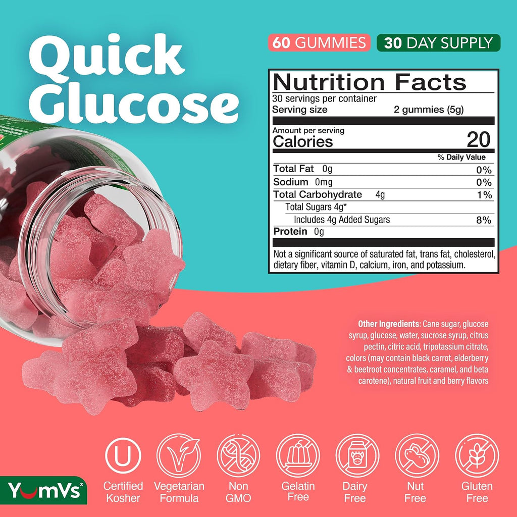 YUM-V'S Glucose Gummies – Gominolas de Glucosa de Acción Rápida – 60 Gominolas Masticables – Sabor Natural a Bayas – Vegano, Sin Gluten