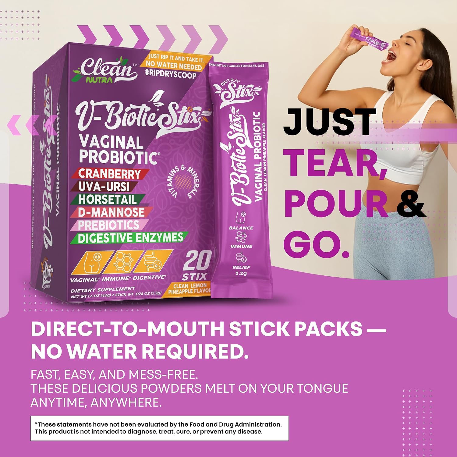 Clean Nutraceuticals Probióticos Vaginales para Mujeres con Extracto de Arándano, D-Manosa, Prebióticos, Equilibrio del pH, Salud Vaginal – Alternativa Probiótica Femenina a las Gominolas - 20 Sticks