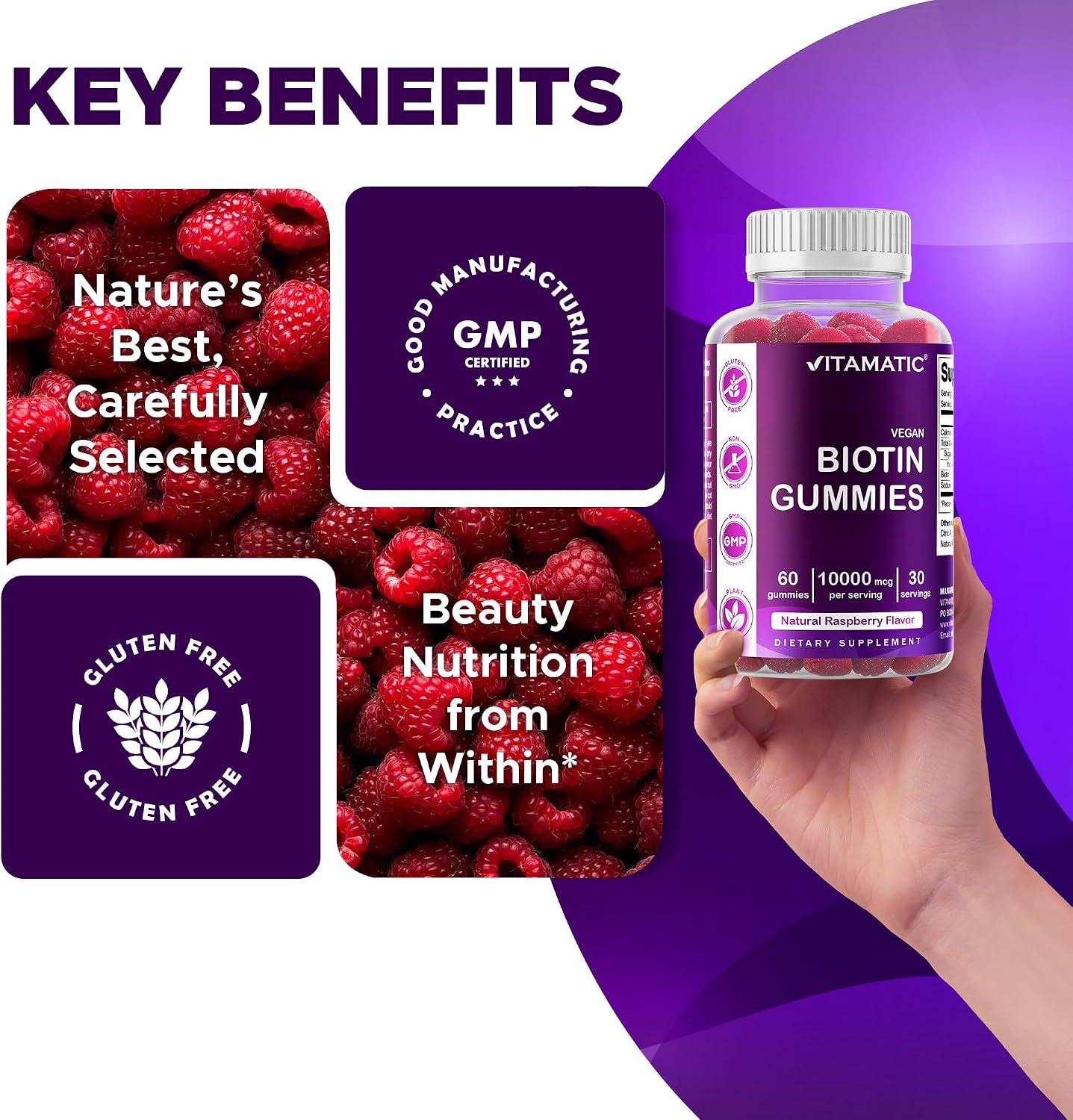 Vitamatic Biotin Gummies 10.000 mcg – Gominolas veganas de biotina – 60 unidades