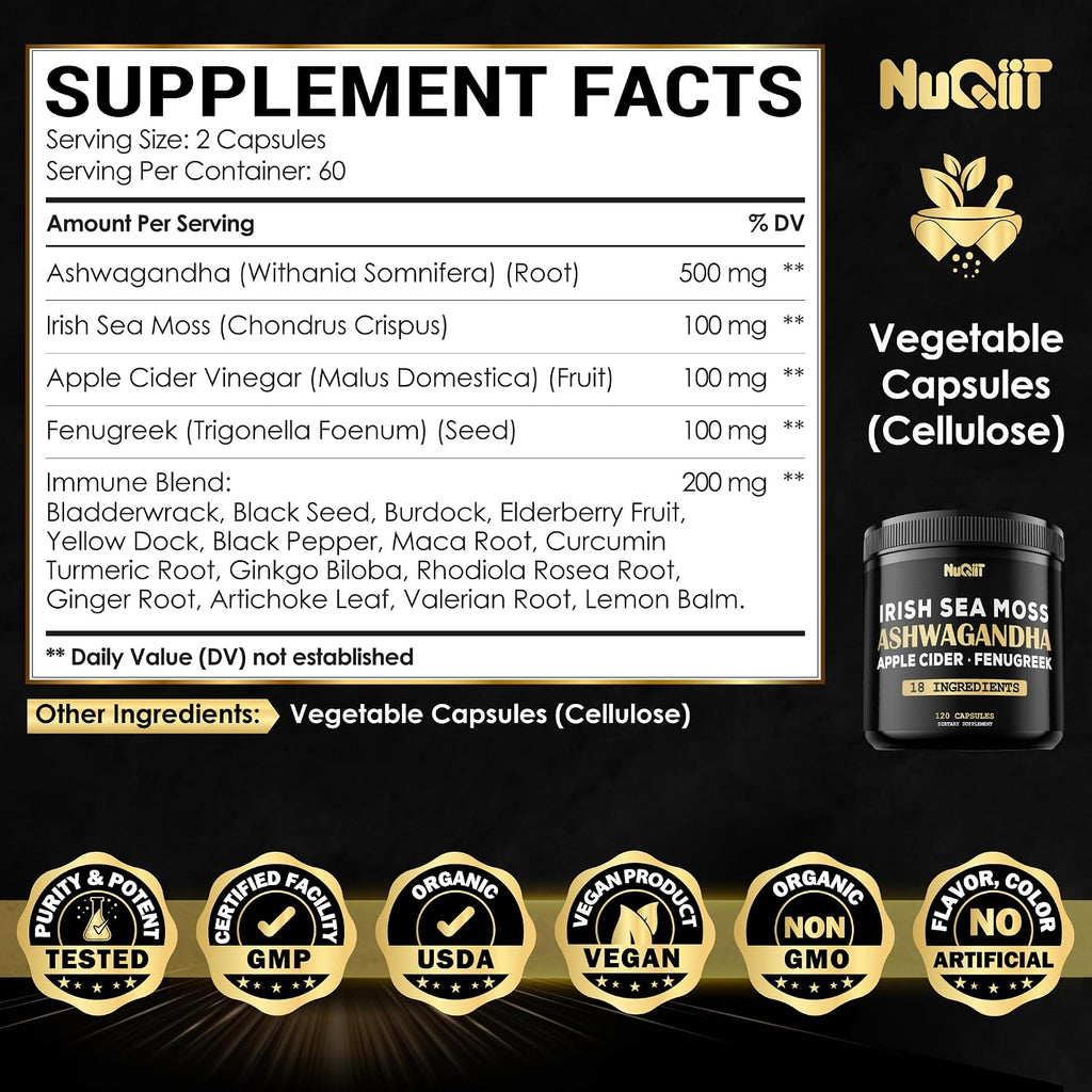 NUQIIT Cápsulas Orgánicas de Ashwagandha con Irish Sea Moss, Vinagre de Manzana y Más - 120 Cápsulas Veganas