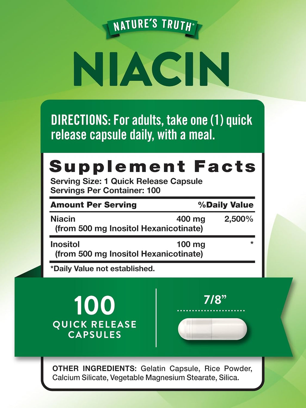 Nature's Truth Niacina Sin Enrojecimiento, 500 mg, 100 Cápsulas