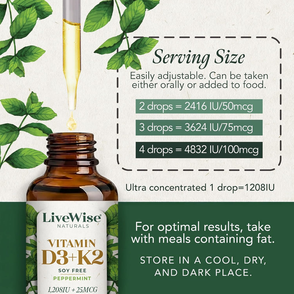 Live Wise Naturals Vitamin D3 K2 (MK-7) Mint Drops for Adults | 930 Drops, Ultra Concentrated Formula, 1208 IU, 25 MCG, Customizable Microdose Dropper, Calcium and Bone Support