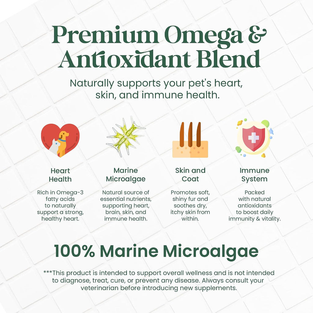 Nourish Pet Co. Fitoplancton Omega y Multivitamínico para Perros y Gatos – Suplemento de Omega-3 de Fitoplancton – Fórmula de Bienestar para Piel, Pelaje, Articulaciones, Equilibrio Inmune y Vitalidad 80g