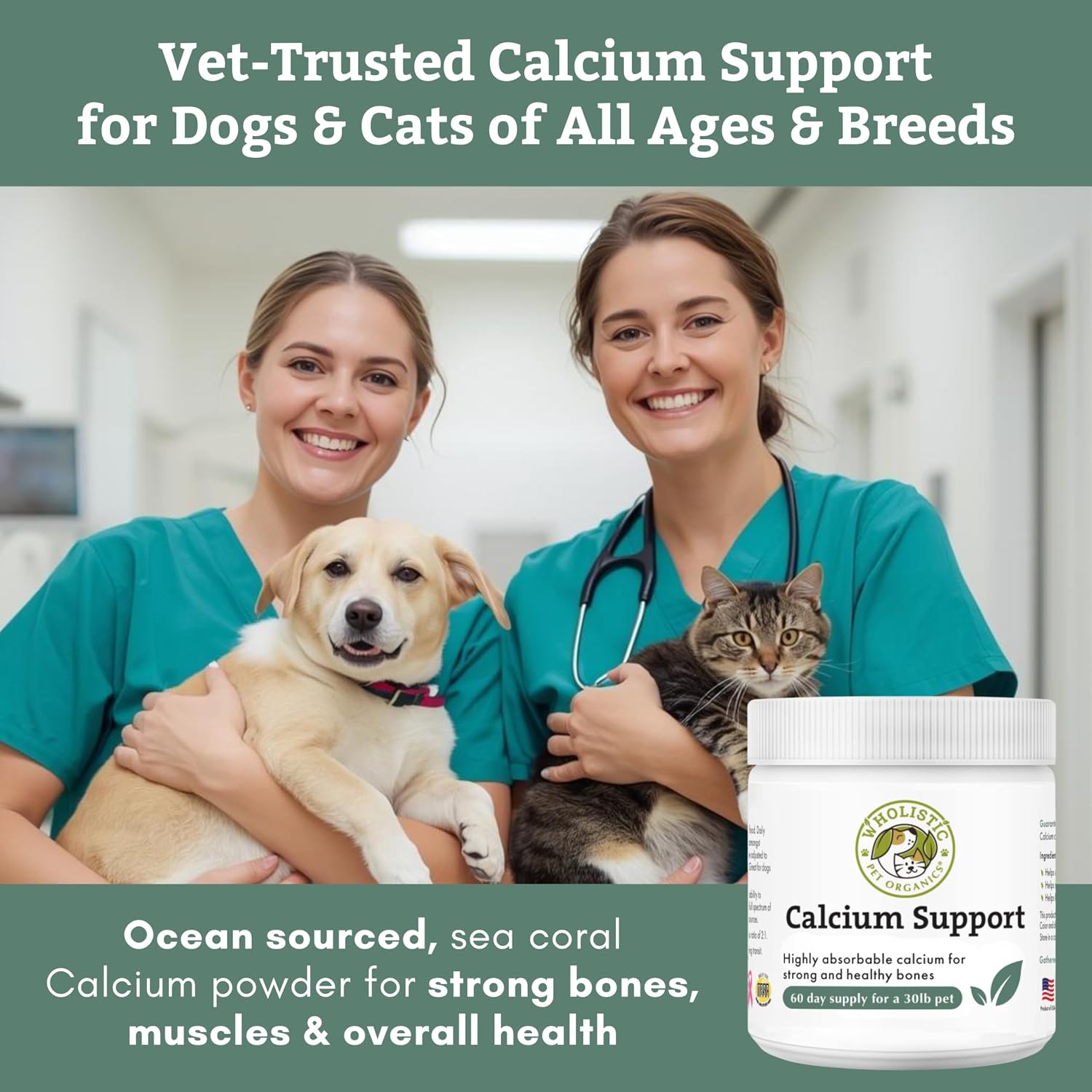 Wholistic Pet Organics Pure Powder Calcium - Calcio en Polvo para Perros y Gatos - 60 Dosis