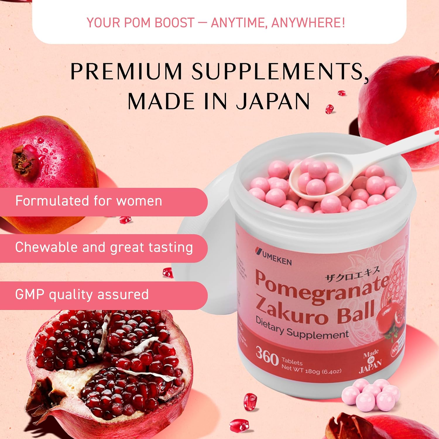 Umeken Pomegranate Zakuro Ball - Complemento Masticable de Granada con Vitaminas y Minerales, 360 comprimidos (Paquete de 2 Botellas)