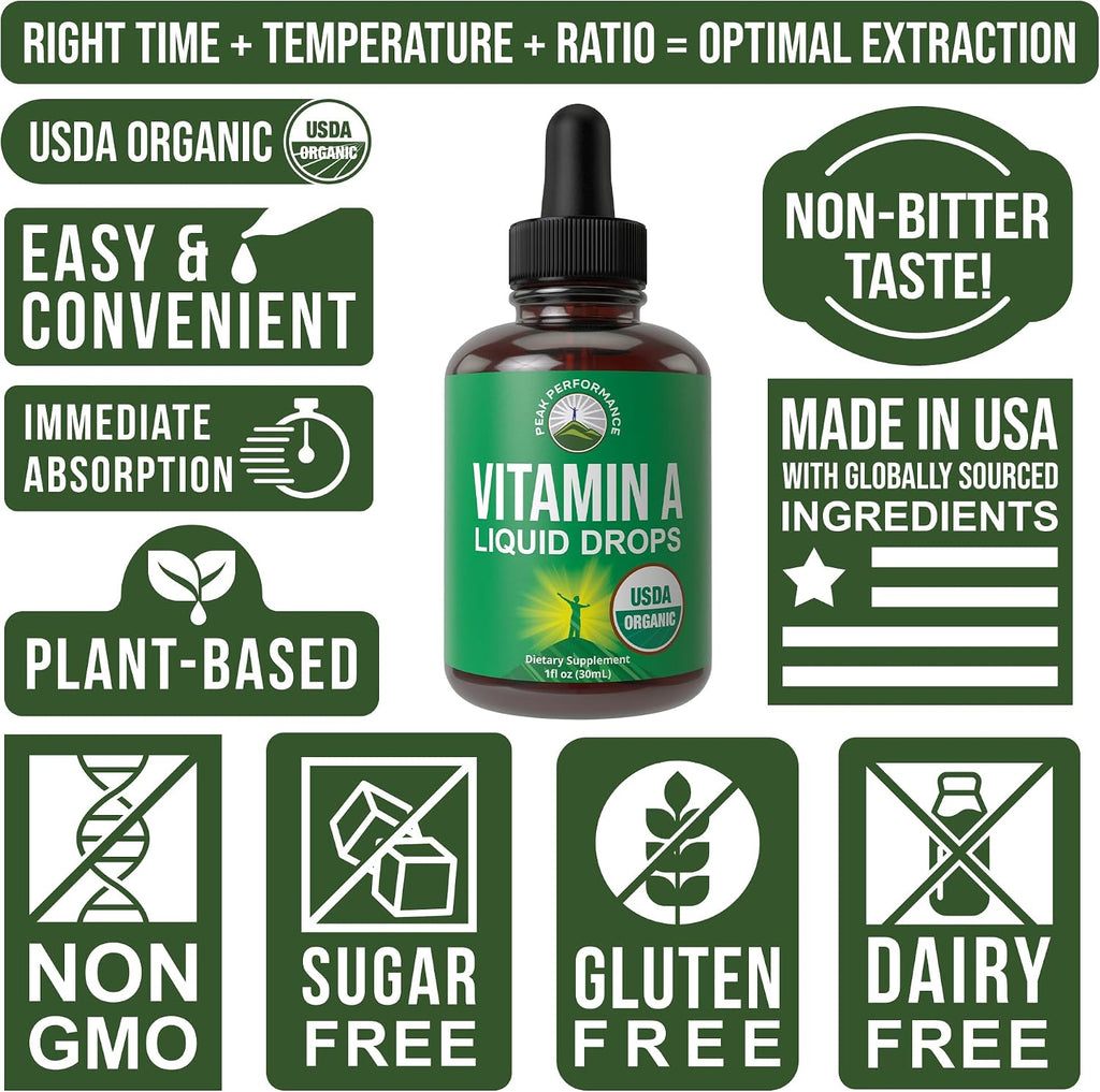 Peak Performance Gotas Líquidas Orgánicas de Vitamina A - Suplemento Vegano con Retinil Palmitato de Alta Biodisponibilidad - Sin Gluten, Sin Azúcar - 30 ml