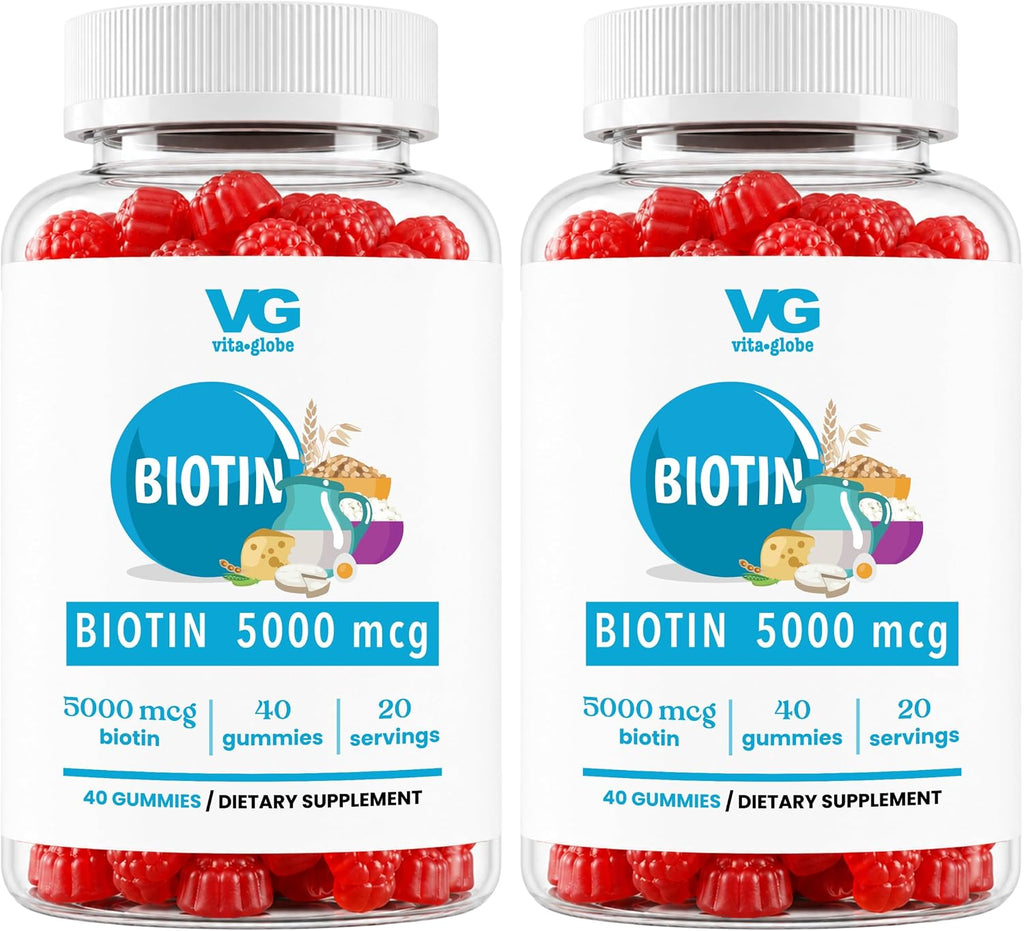 VITA GLOBE Biotin 5000 mcg Gummy Vitamins, Vegan Non-GMO Mixed Berry Chewables - 40 Count (2 Pack)