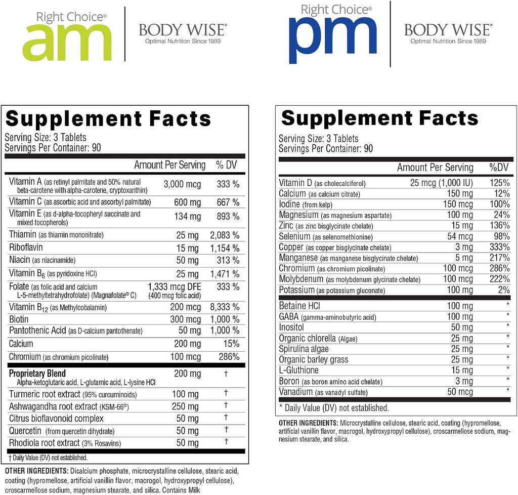Body Wise Multi-Vitamin/Mineral Daily Nutrition Supplement – Right Choice AM y PM – 540 Comprimidos (90 Días)