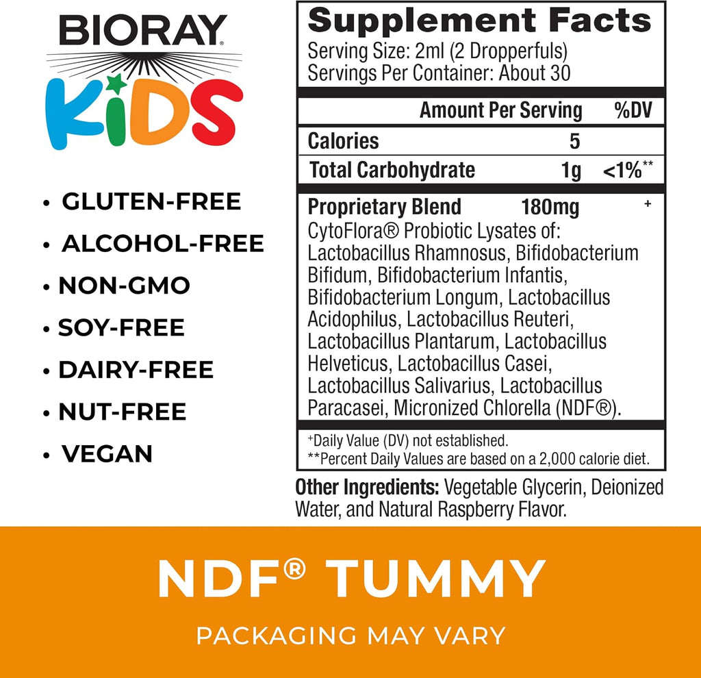 BIORAY Kids NDF Tummy Probiótico Infantil - 11 Cepas - 60 ml (2 fl oz) - Sabor Frambuesa