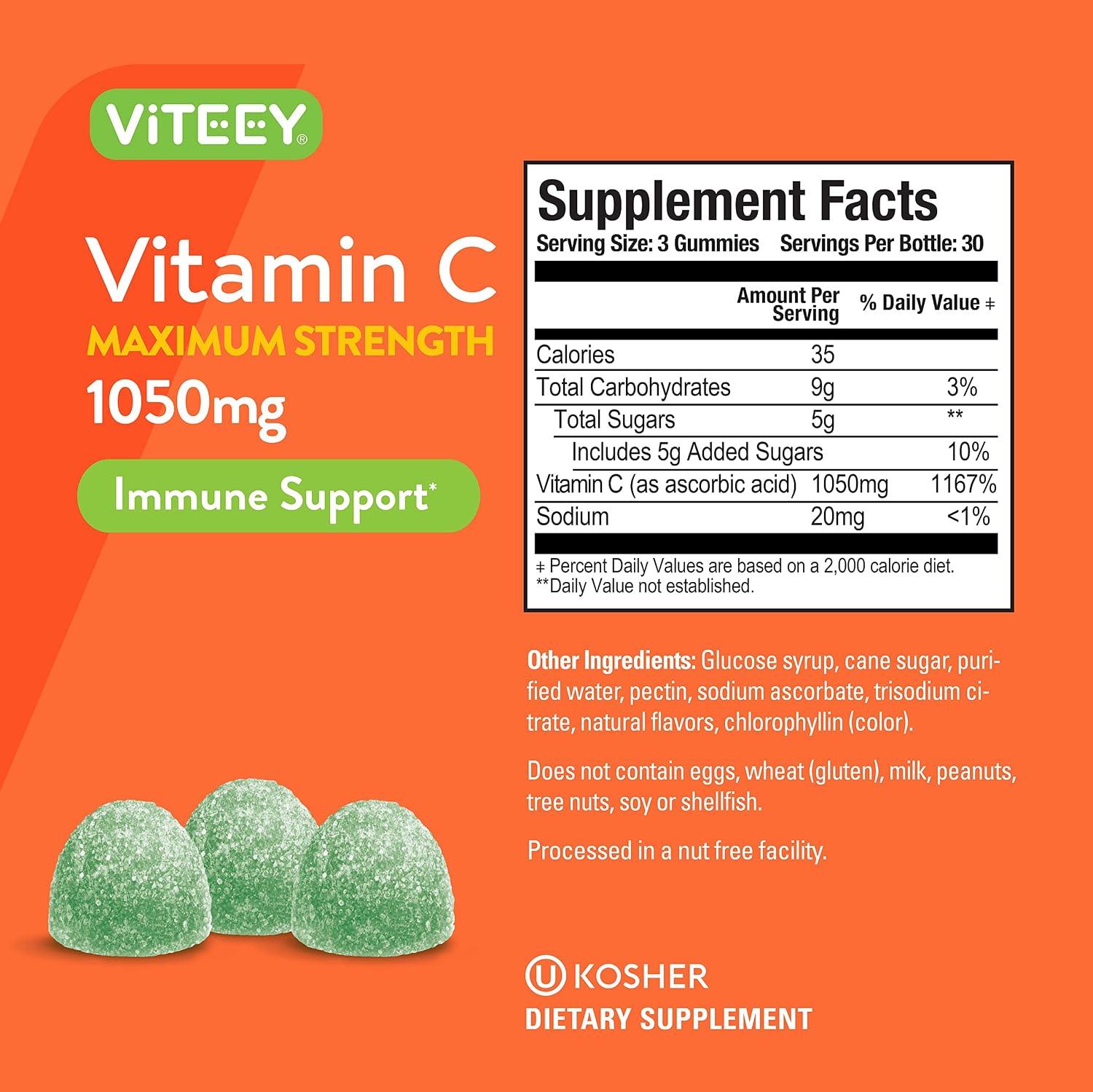 Viteey Gomitas de Vitamina C Masticables para Adultos - 1050 mg - Vegano, Sin Gluten - 180 Gomitas
