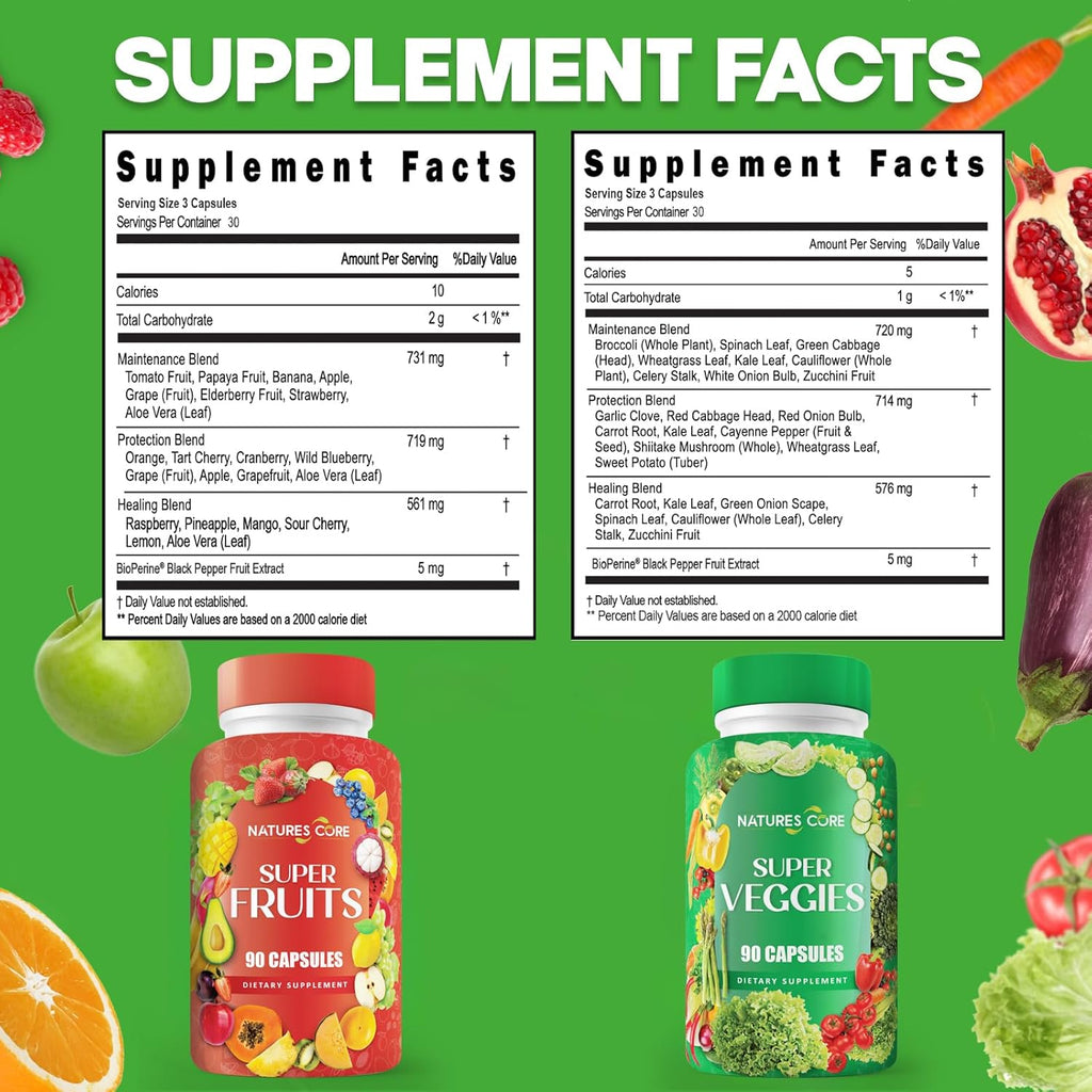 Nature's Core Suplemento de Frutas y Verduras - 360 Cápsulas - 100% Natural, Vegano, Sin Soja