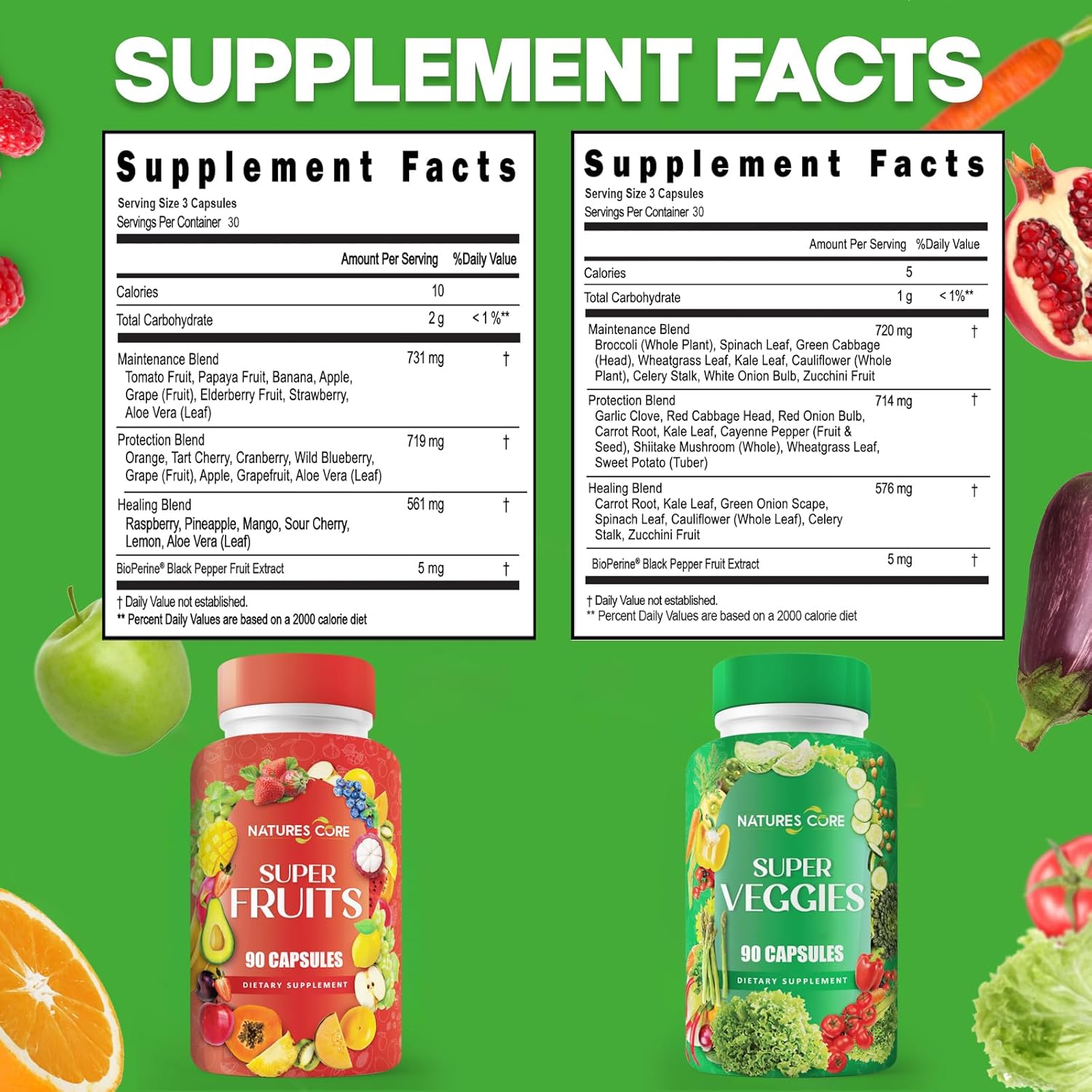 Nature's Core Suplemento de Frutas y Verduras - 360 Cápsulas - 100% Natural, Vegano, Sin Soja