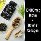 Biotina y Colágeno Suplemento – 10.000 mcg Biotina + Colágeno Bovino para Cabello Débil y Quebradizo. Complejo Vitamínico Avanzado 2 en 1. Apoya un Cabello más Grueso y Saludable para Mujeres y Hombres