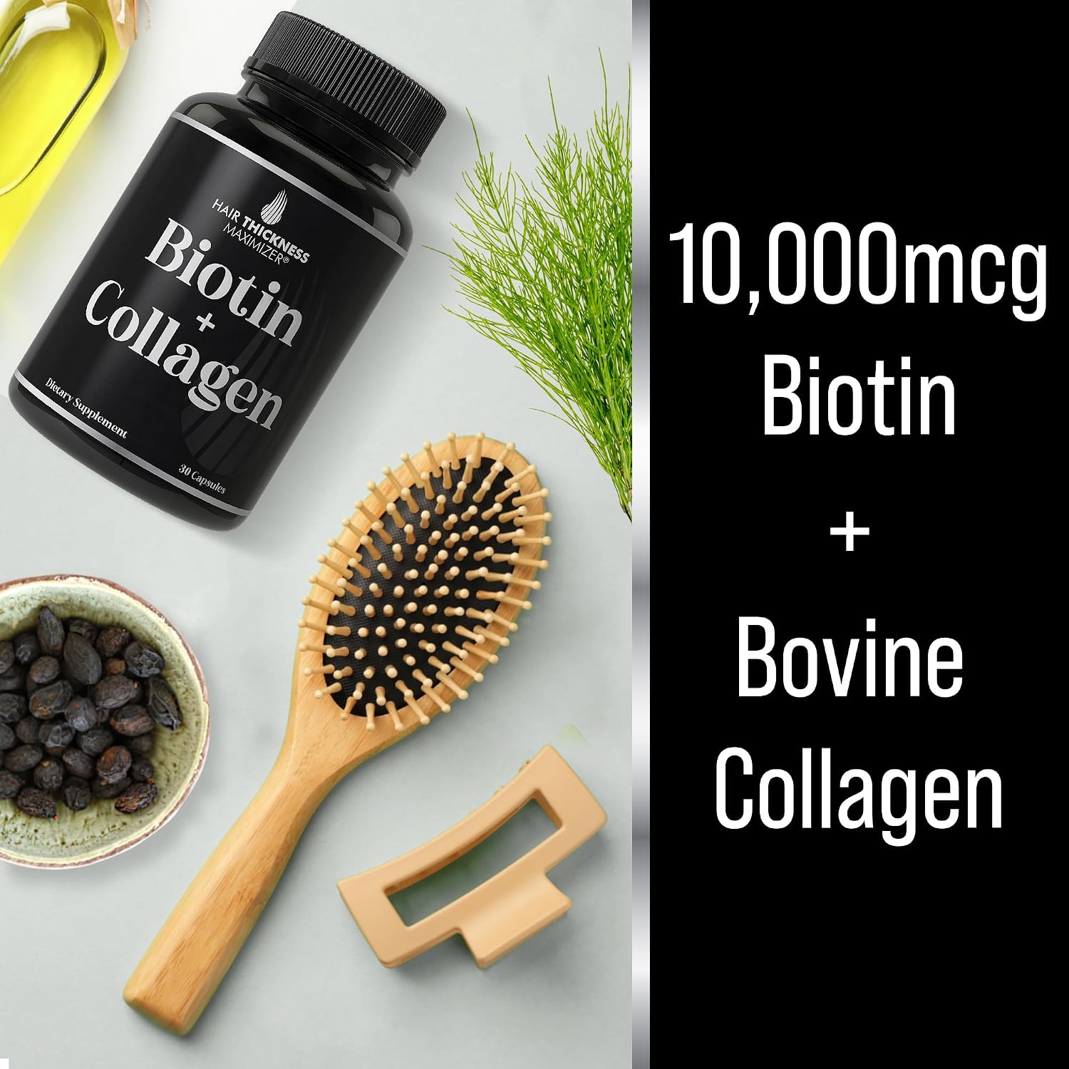 Biotina y Colágeno Suplemento – 10.000 mcg Biotina + Colágeno Bovino para Cabello Débil y Quebradizo. Complejo Vitamínico Avanzado 2 en 1. Apoya un Cabello más Grueso y Saludable para Mujeres y Hombres
