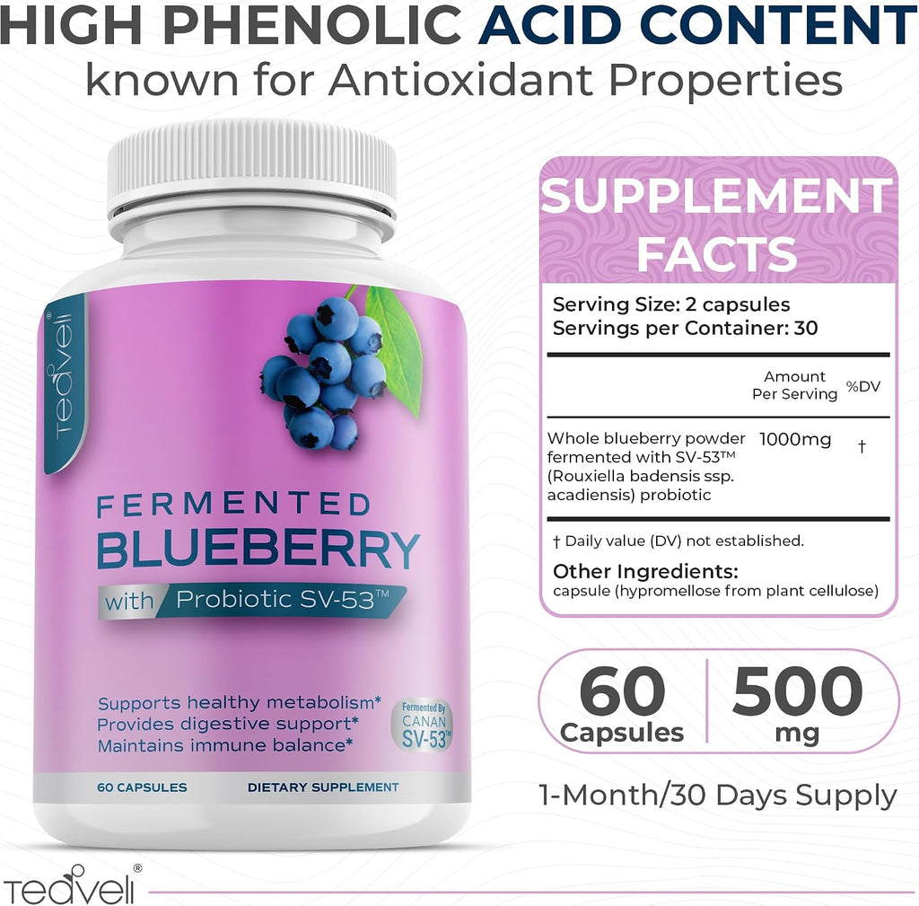 Teaveli Probiotic Blueberry Supplement con Arándanos Silvestres – 1000 mg/Serving – 60 Cápsulas