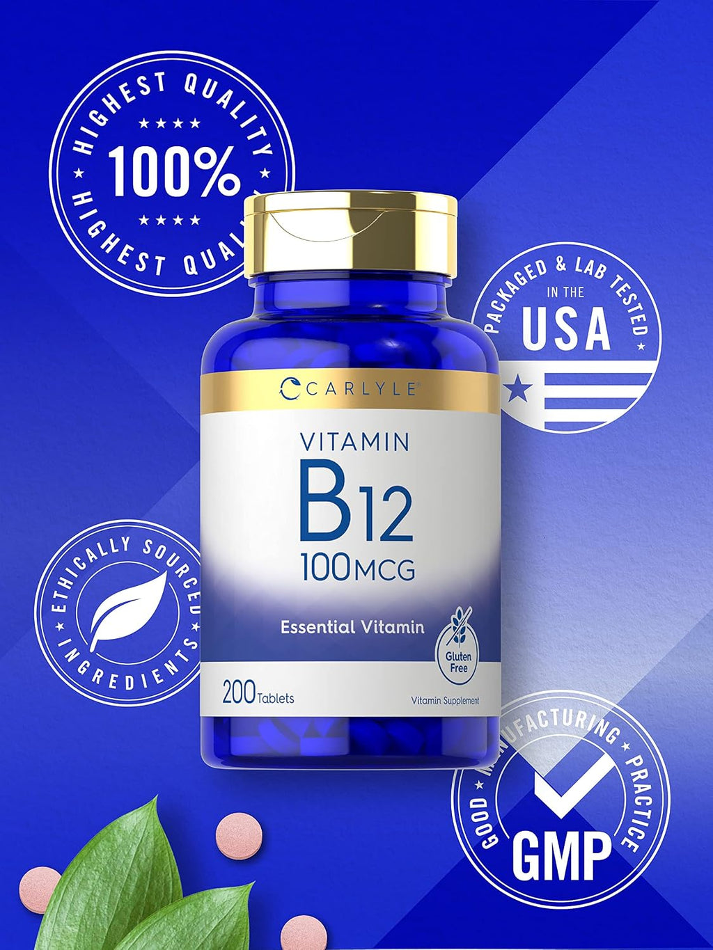 Carlyle Vitamina B12 100 mcg | 200 Comprimidos | Suplemento Esencial | Vegano, Sin OMG y Sin Gluten