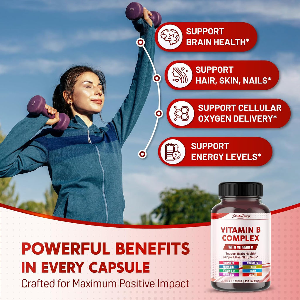 Ultra Complejo B con Vitamina C – Apoya la Salud Cerebral y Promueve el Cabello, la Piel y las Uñas Saludables – Alta Potencia B1, B2, B3, Folato, B12, Biotina, B5 y Colina – 150 Cápsulas