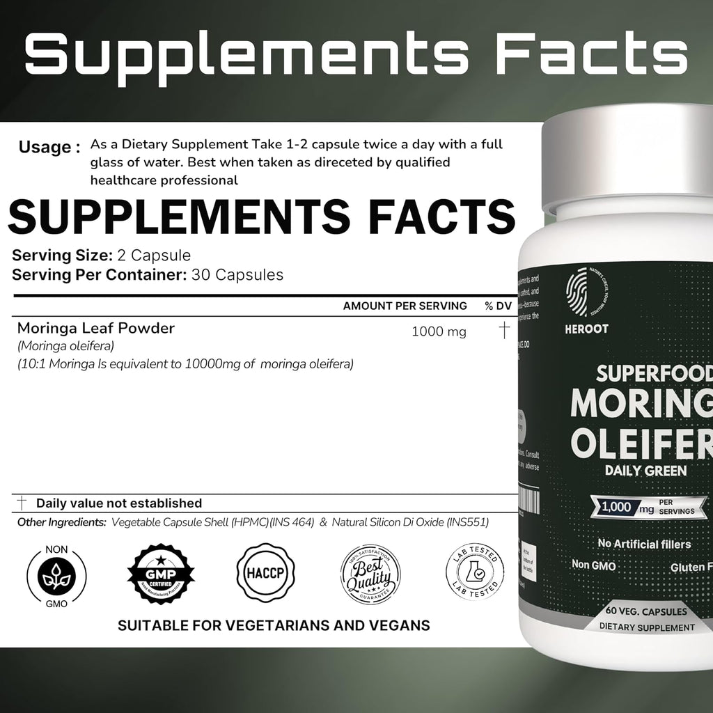 Cápsulas de Moringa Orgánica | Suplemento de Hojas de Moringa para Energía, Metabolismo y Apoyo Inmunitario – 60 Cápsulas