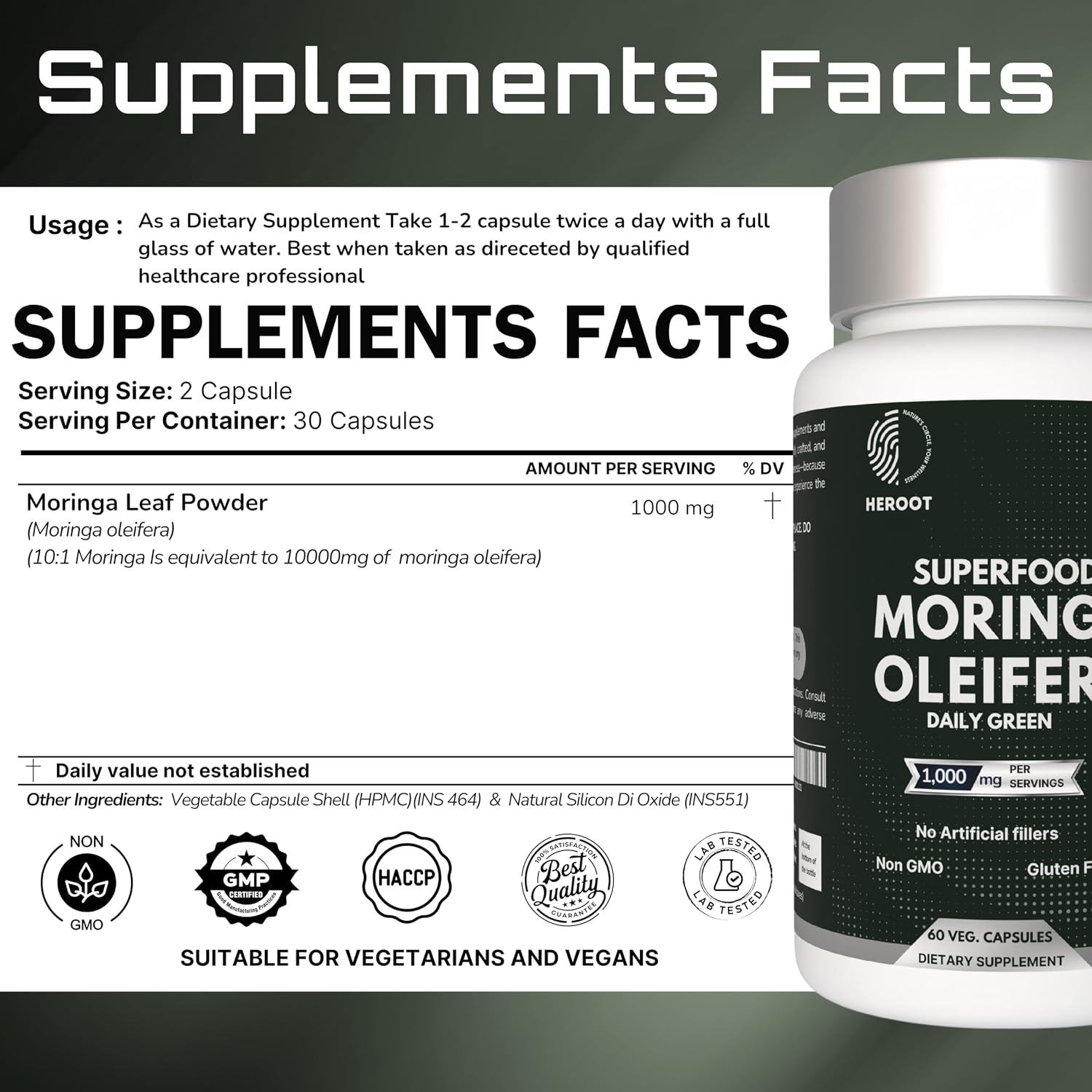 Cápsulas de Moringa Orgánica | Suplemento de Hojas de Moringa para Energía, Metabolismo y Apoyo Inmunitario – 60 Cápsulas