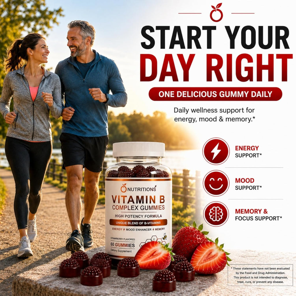 O Nutritions Complejo B Gominolas Veganas con Vitamina B12, Biotina, Folato, Vitamina C – Energía, Estado de Ánimo, Memoria y Enfoque – Apoyo para Cabello, Piel y Uñas – Fresa, 60 Gominolas