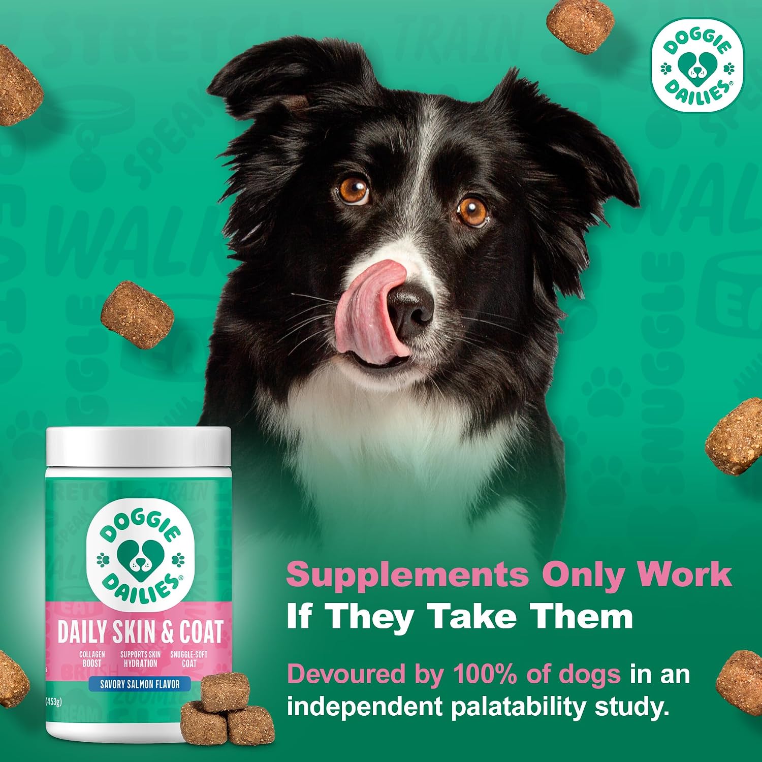 Doggie Dailies Suplemento para Piel y Pelaje con Aceite de Salmón, Colágeno, Omega 3, Aceite de Krill, Biotina y Aceite de Coco - 225 Chews Blandos