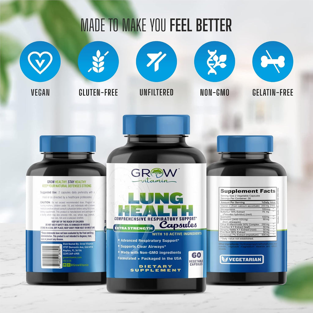 Grow Vitamin Lung Health - Suplemento Respiratorio con Vitamina C, 60 Cápsulas