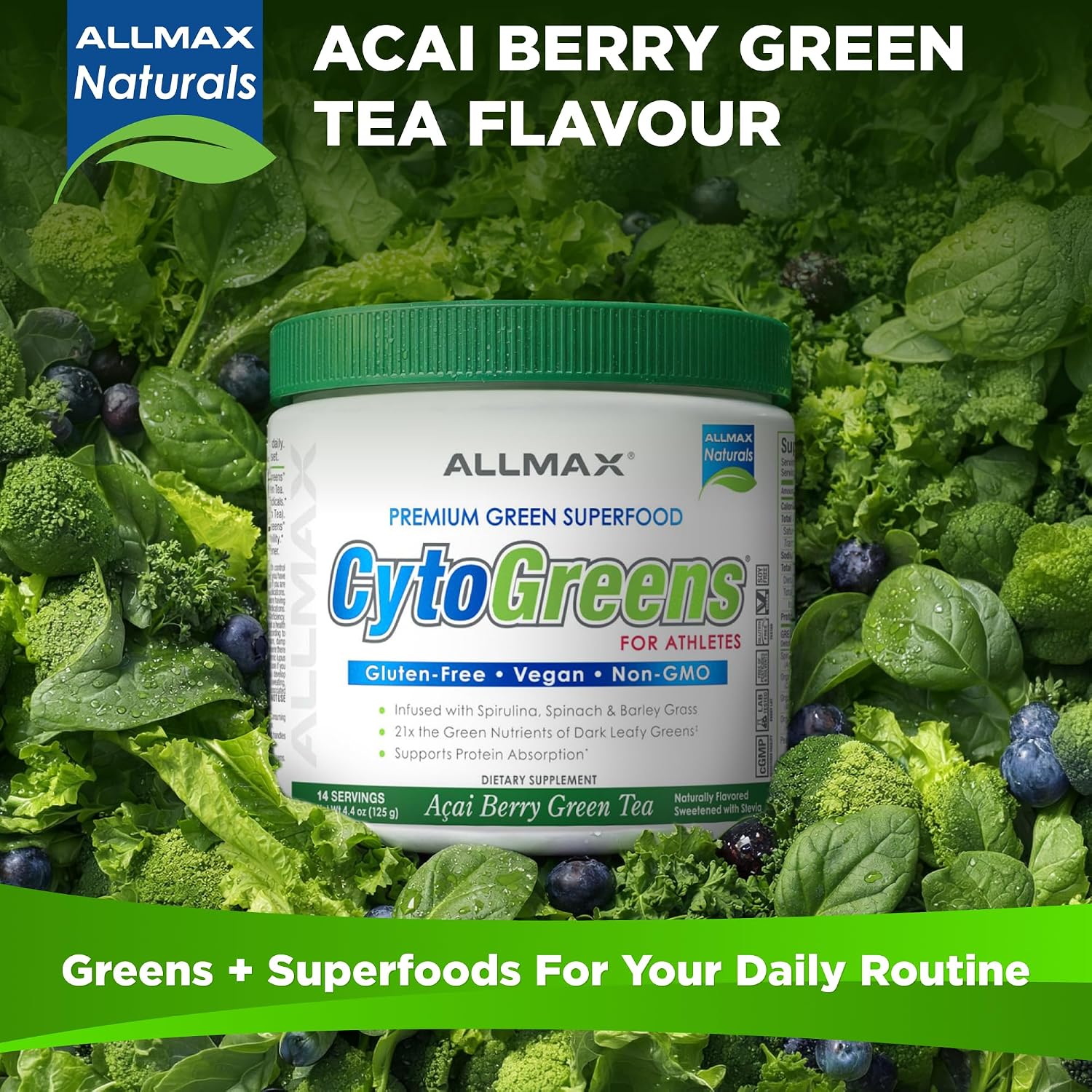 ALLMAX CytoGreens Super Greens Powder, Acai Berry Green Tea, 14 Servicios