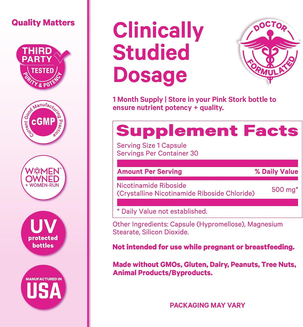Pink Stork NAD+ Supplement for Women Over 30 | 500 mg Nicotinamide Riboside NR | 30 Cápsulas