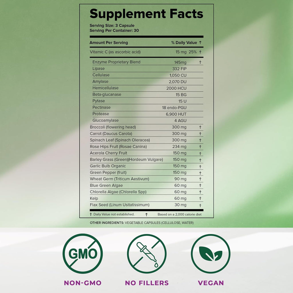 Dr. Liz Cruz Gastro Greens - Suplemento de Verduras con Enzimas, 90 Cápsulas