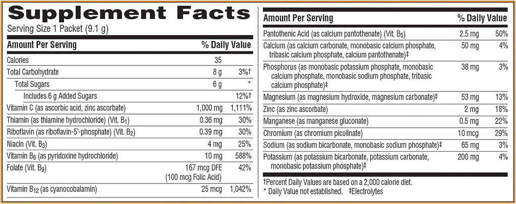 Emergen-C 1000 mg Vitamina C en Polvo con Zinc, Manganeso, Vitaminas B y Electrolitos, Sabor Naranja Super, 30 Sobres