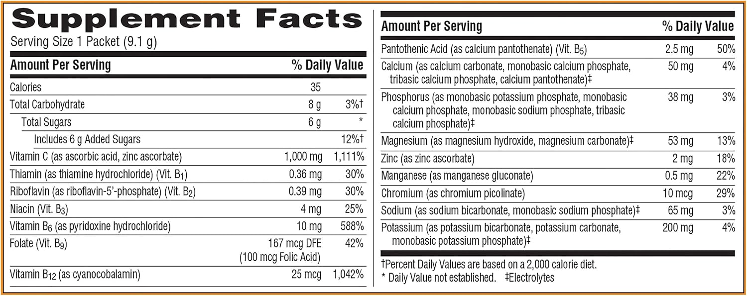 Emergen-C 1000 mg Vitamina C en Polvo con Zinc, Manganeso, Vitaminas B y Electrolitos, Sabor Naranja Super, 30 Sobres